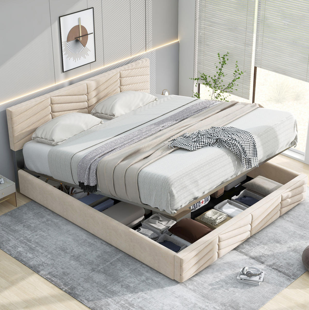 POLSTERBETT 140/190 cm Beige aus Samt mit verstellbarem Kopfteil - Beige, Textil (140/200cm) - OKMYHOME