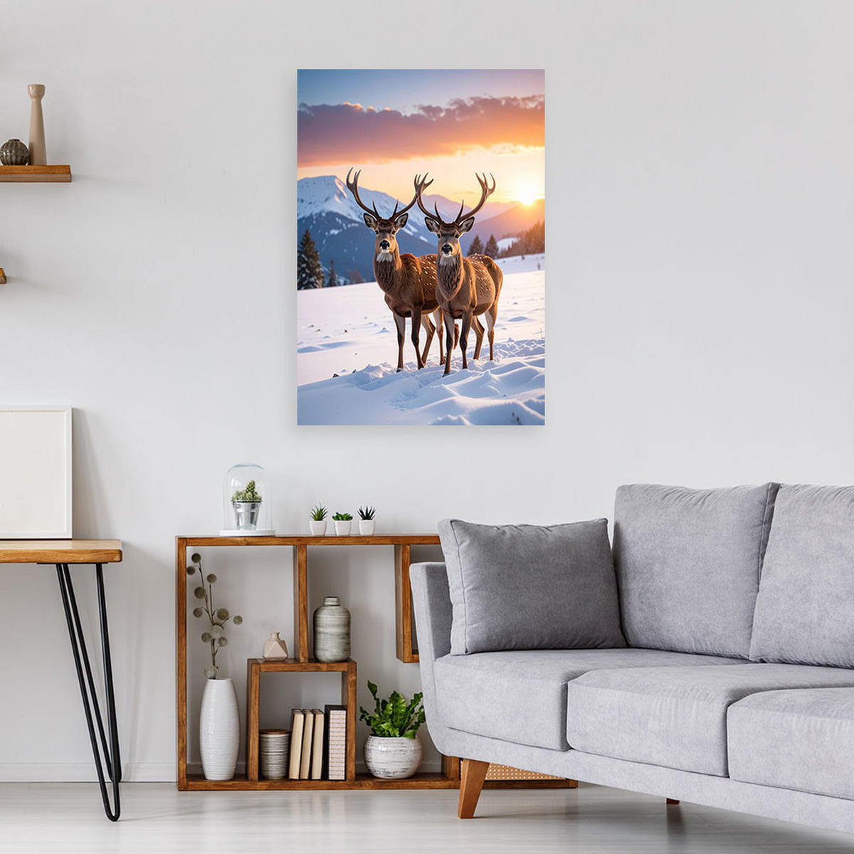 BILDER, Hirsch in Winterlandschaft - Weiß, Textil (30/45cm) - Feeby