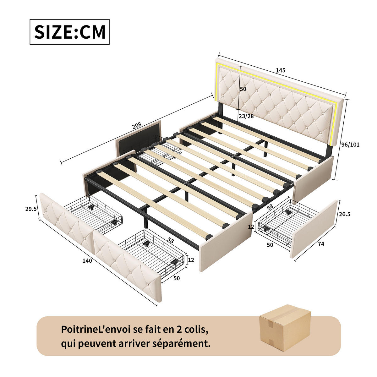 POLSTERBETT 160x200 Beige LED 4 Schubladen - Ecru, Holzwerkstoff (140/200cm) - SHOPENTRA