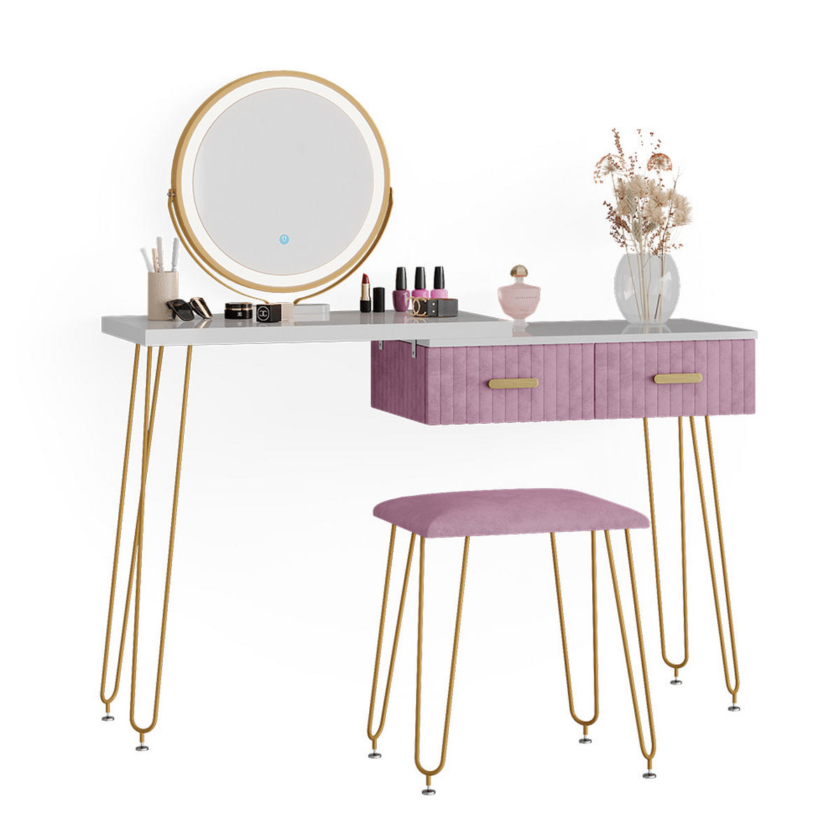 SCHMINKTISCH Zoey Rosa 120 cm mit LED Beleuchtung und Hocker - Pink, Holzwerkstoff (120/76/37cm) - Vicco