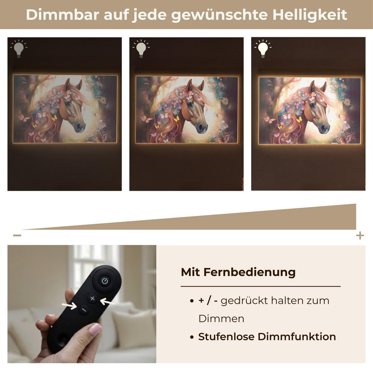 NACHTTISCHLAMPE MIT AKKU Pferd - Natur - Blumen - Schmetterlinge - Wald 100x70 cm - Dunkelbraun, Holzwerkstoff (8/100/70cm) - OnlyWow