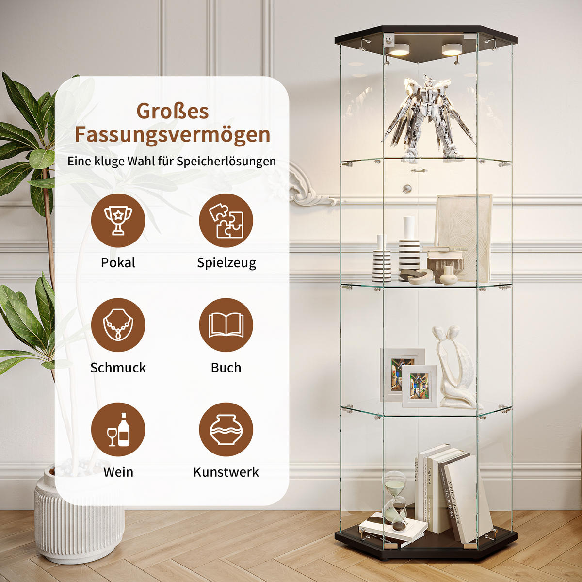 GLASVITRINE 162x60x45 cm freistehend 4 Ablagen LED schwarz - Schwarz, Holz (60/162/40cm) - LEBENLANG