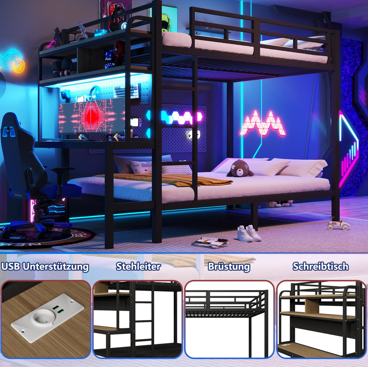 ETAGENBETT aus Metall und MDF 140x200 cm Schwarz mit Schreibtisch, LED-Beleuchtung und USB-Anschluss - Schwarz, Metall (140/200cm) - IVMEU