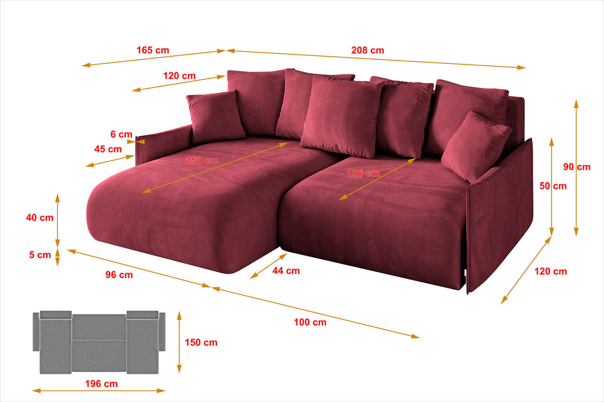 ECKSOFA mit Schlaffunktion und Bettkasten ONESK-L -v1 208x165x40 Bordeauxrot Velours - Bordeaux, Holzwerkstoff/Kunststoff (208/165cm) - ALTDECOR