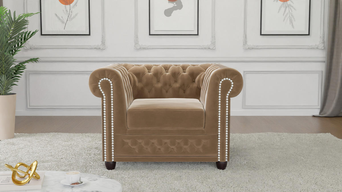 SITZGARNITUR 3+2+1 Chesterfield Nyx Beige Samt - Beige/Braun, Holz/Textil (203/72/86cm) - S-Style Möbel