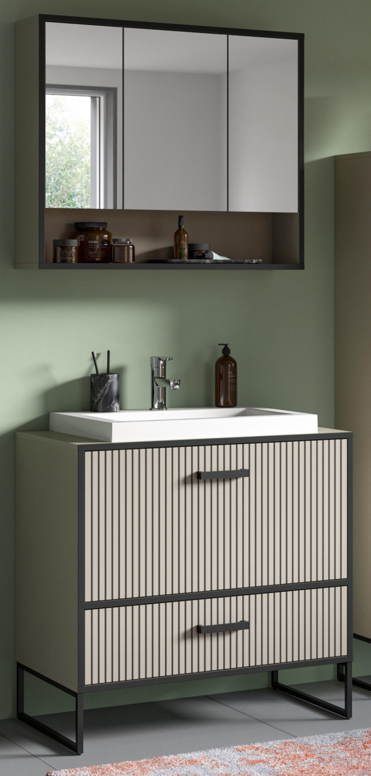 BADMÖBEL-SET schwarz, sand mit Waschbecken 80 cm, Kombination mit Soft-Close - Sandfarben/Schwarz, Glas/Keramik (80/192/48cm) - Inn.Furn