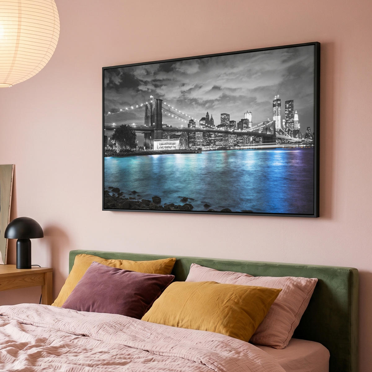 LEINWAND Bilder mit Rahmen - New York - Skyline - Stadt - Blau - 140x90 - Blaugrau, Textil (140/90cm) - MuchoWow