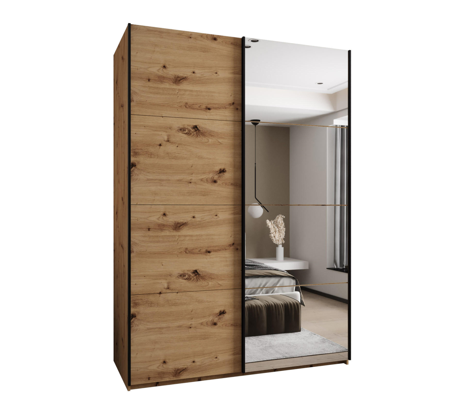 Abiks Möbel Schwebetürenschrank Eiche Artisan, Eiche Artisan, Schwarz 180x245x64 cm