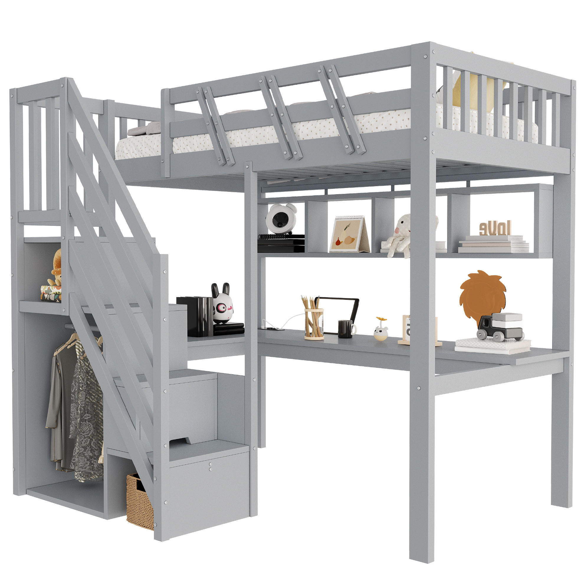 HOCHBETT Holz 90x200 cm Grau mit Schreibtisch, Stauraumtreppe, Regalen, LED und Steckdosen - Grau, Holz (90/200cm) - Modfu