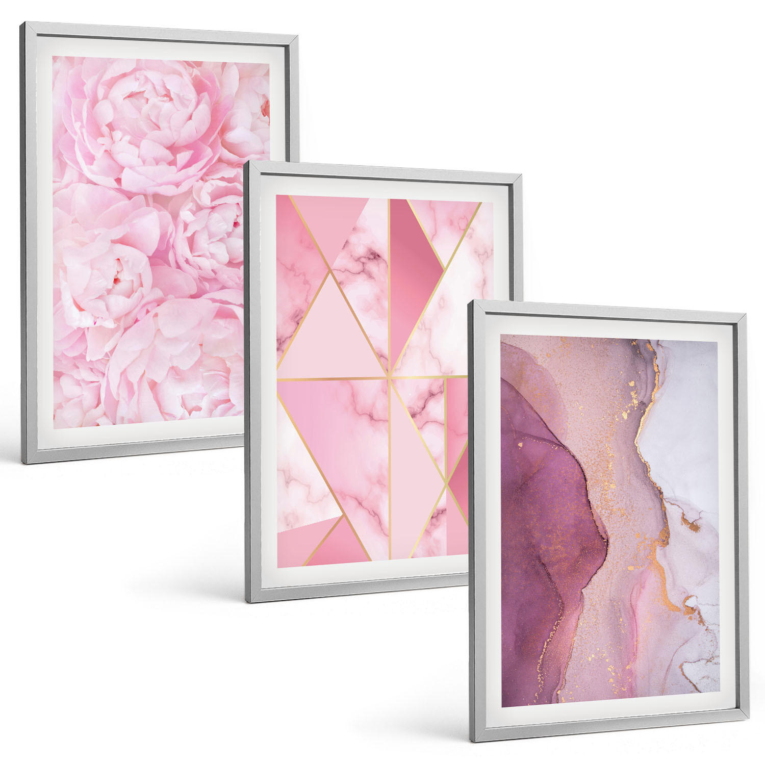 BILDER SET 3er Set - 40x60 cm Silberner Rahmen - Rosa geometrische Pfingstrosen - Silberfarben, Kunststoff (40/60cm) - TULUP