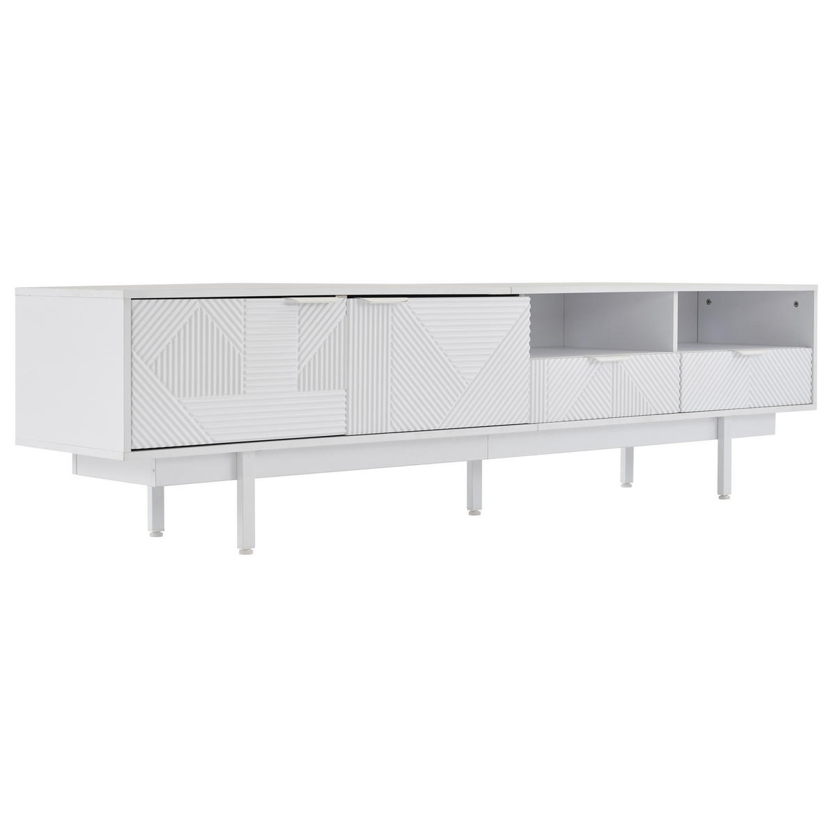 TV-LOWBOARD aus Spanplatte 200x40x51 cm Weiß mit Stauraum, Kabelmanagement und geometrischer Front - Weiß, Holzwerkstoff (200/51/41cm) - Modfu