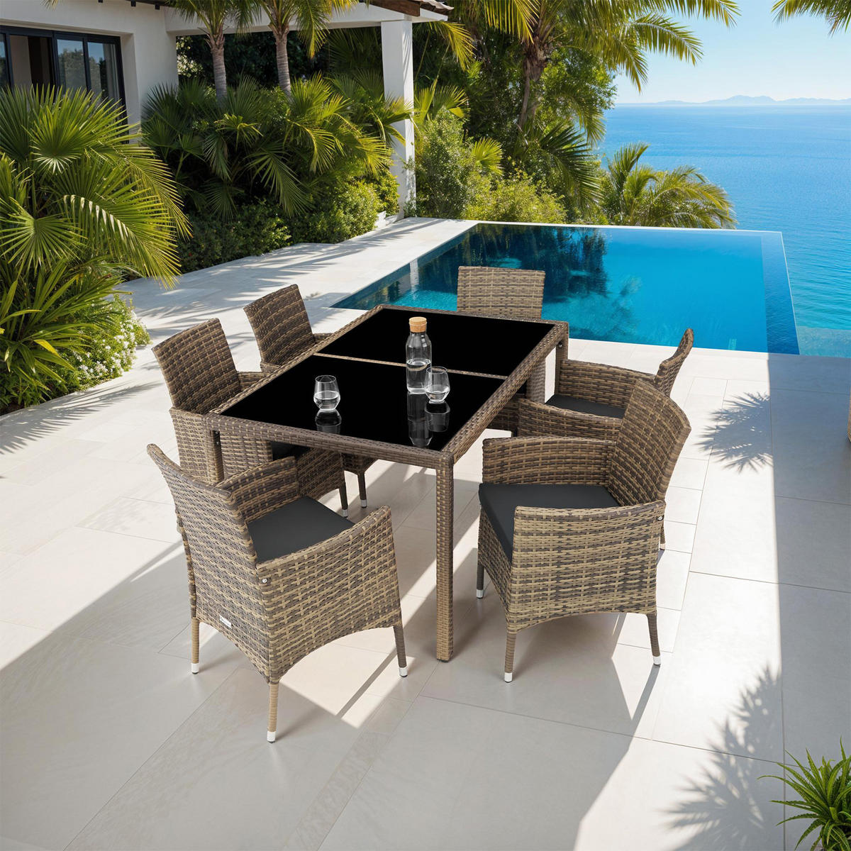 RATTAN SITZGRUPPE Porto,inklusive Schutzhülle,natur/dunkelgrau - Naturfarben, Kunststoff - tectake