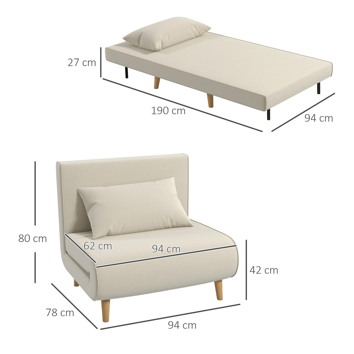 SCHLAFSESSEL DE-33451 Klappbar mit 6-Stufen-Lehne Creme - Creme, Textil (94/80/78cm)