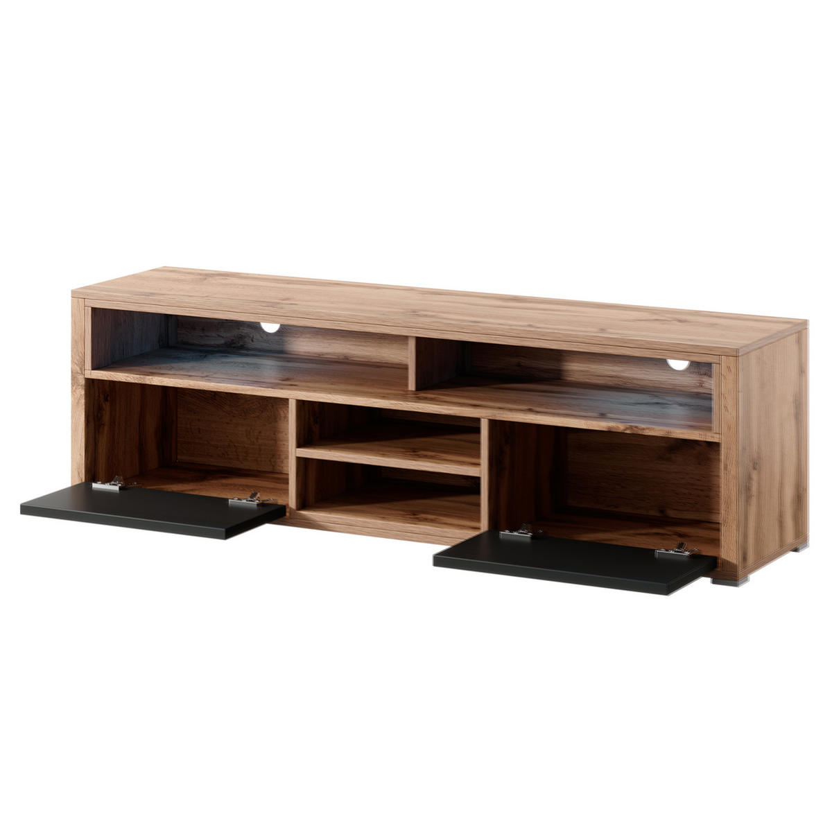 TV-ELEMENT Bella mit 2 Türen und offenem Regal, eiche Wotan+schwarz glänzend - Eichefarben/Schwarz, Holzwerkstoff (137/42.5/33cm) - Beautysofa