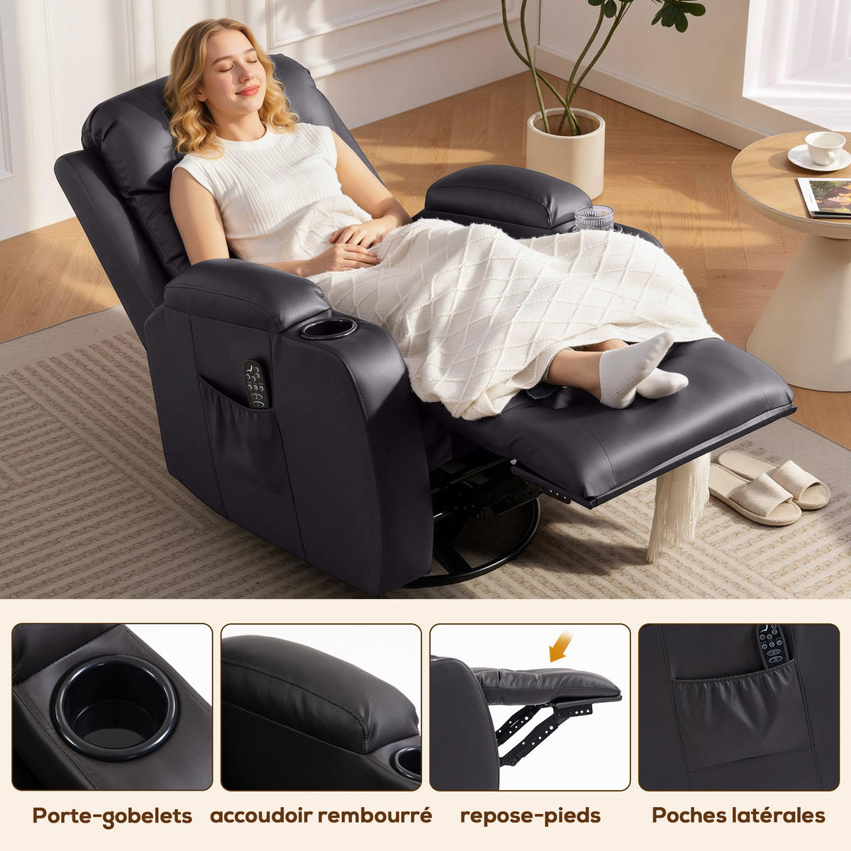 MASSAGESESSEL Braun mit Massagefunktion, Heizfunktion und Liegefunktion 99/82/103 cm - Braun, Leder (99/103/82cm) - PANGIVO