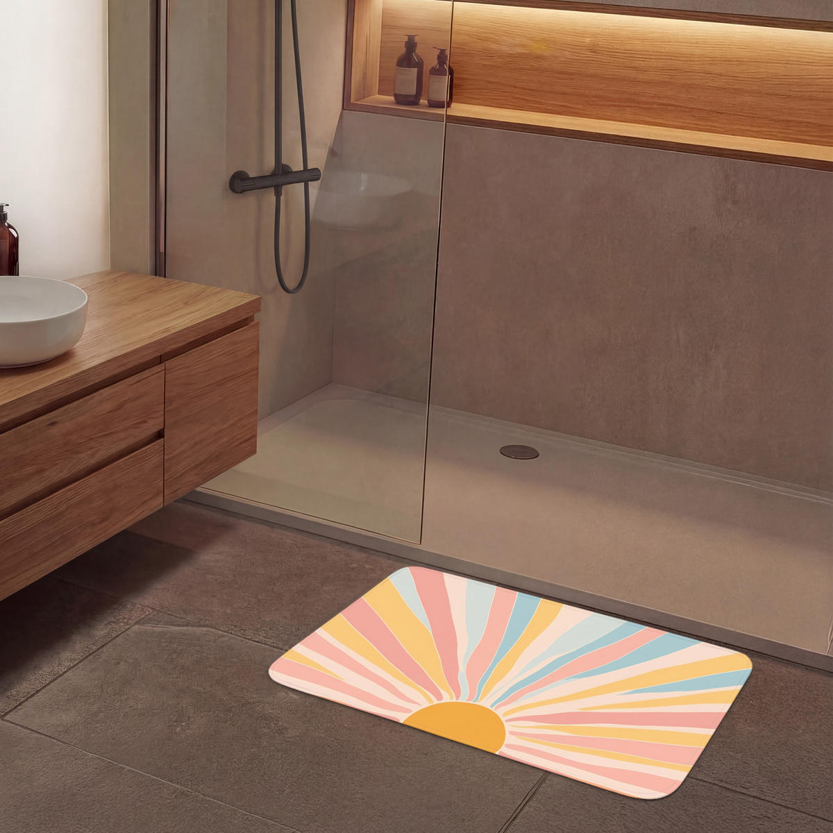 BADEMATTE Illustration - Sonne - Pastellfarben 90x60 cm - Pastellblau, Kunststoff/Textil (90/60cm)