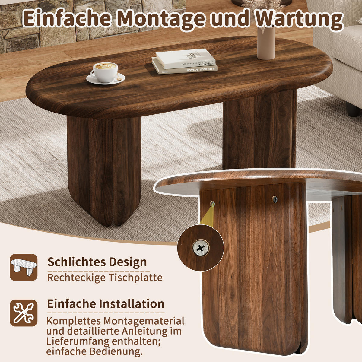 COUCHTISCH 99/50/40 cm in Nussbaumoptik mit ovaler Tischplatte und abgerundeten Beinen - Walnussfarben, Holzwerkstoff (50/99/40cm) - CHICFURN