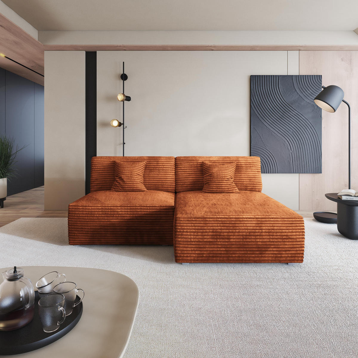 ECKSOFA FIORO Braun Kordstoff mit Schlaffunktion - Braun, Holz (204/148cm) - MASSENO
