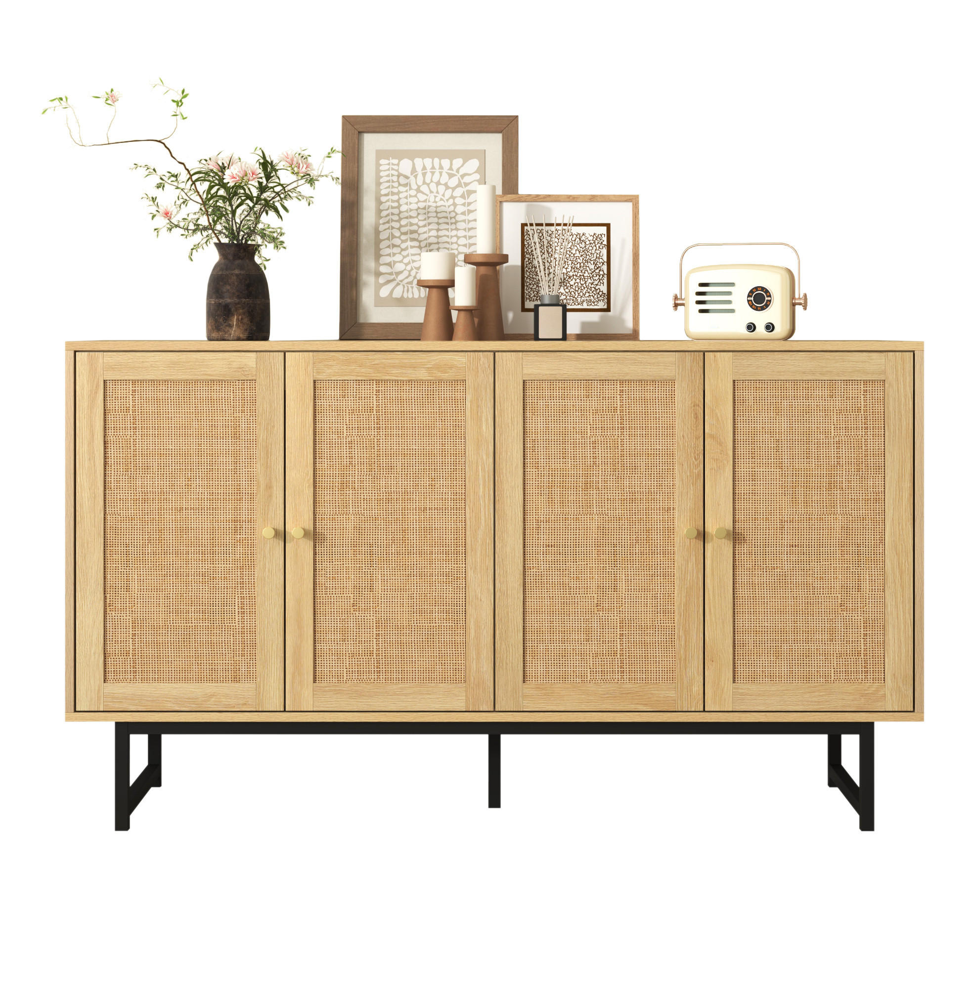 SIDEBOARD mit 4 Türen 140 x 39,5 x 80 cm Holzoptik mit Rattangeflecht - Braun, Holzwerkstoff (140/80/39.5cm) - Meubliv