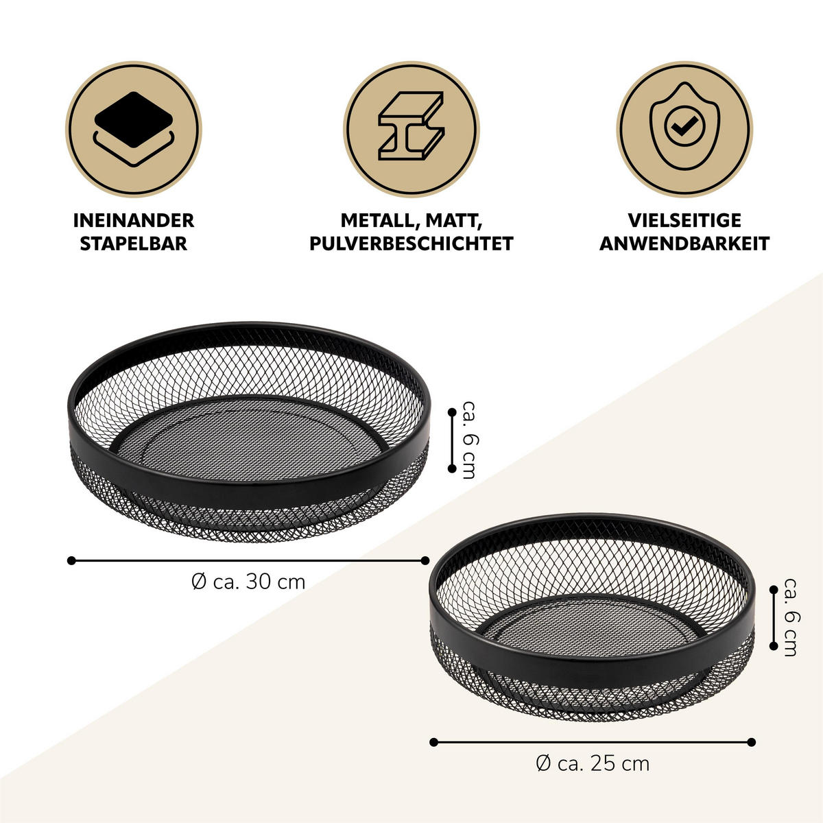 OBSTKORB - BROTKORB 2er Set, runde Obstschale, aus schwarzem Metall - Schwarz, Metall (30/6cm) - eluno