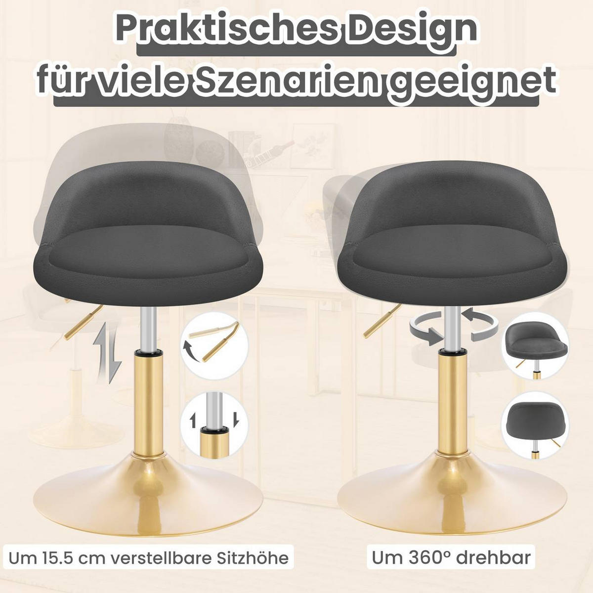 BARHOCKER 2er Set Drehhocker, Samt, Dunkelgrau+Gold - Dunkelgrau/Goldfarben, Kunststoff/Textil (38.5/49.5/43cm) - Woltu