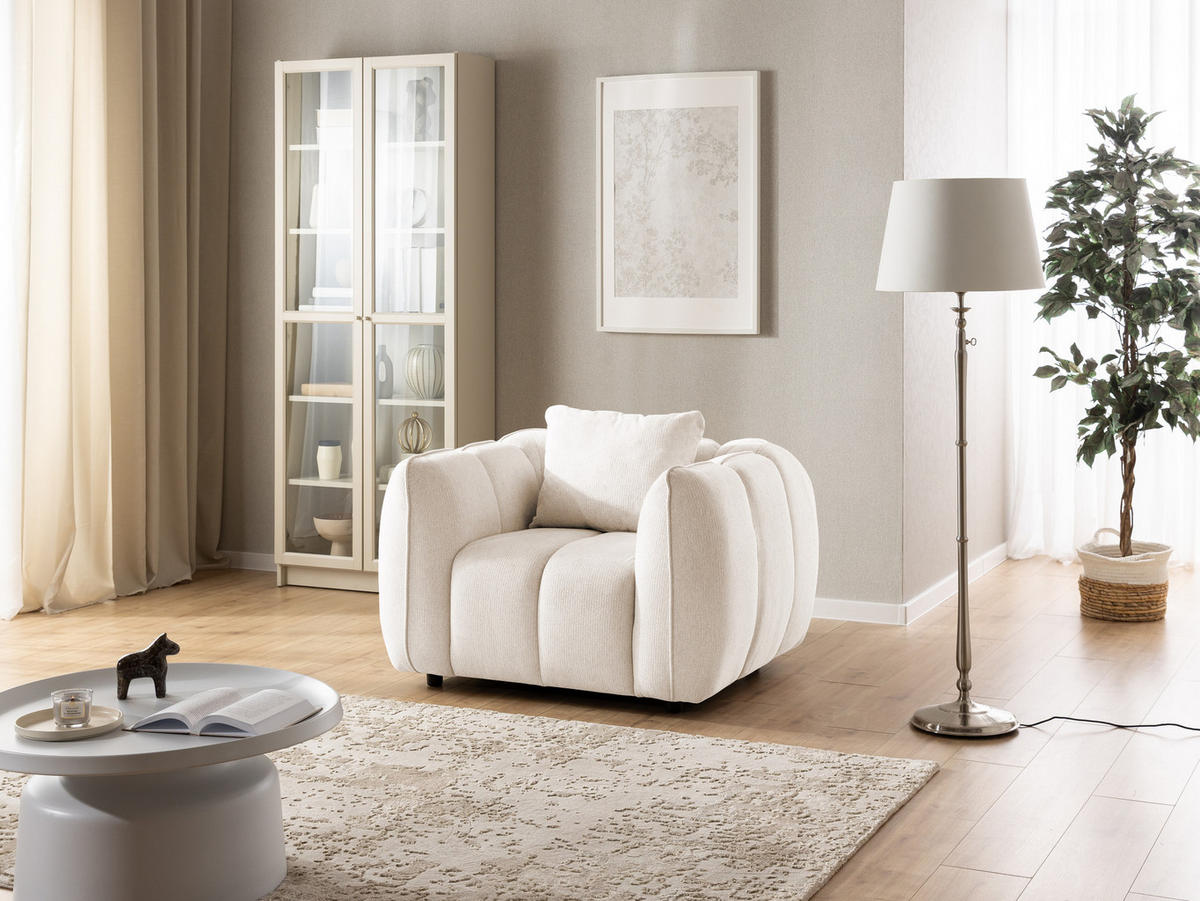 SITZGARNITUR 3+1 Nubira in tief gesteppter Bubble-Optik aus weichem Creme Strukturstoff im modernen Design - Creme/Schwarz, Holz/Kunststoff (228/69/89cm) - S-Style Möbel