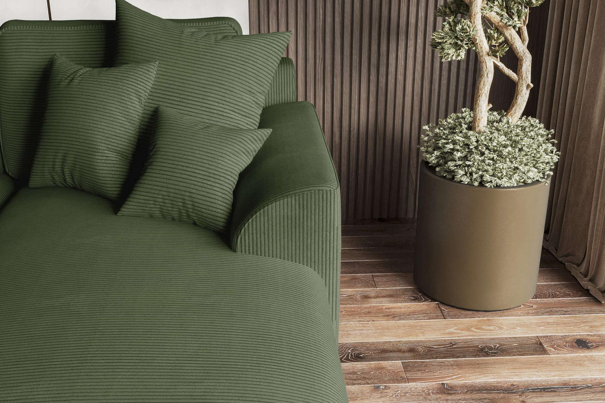 ECKSOFA GUSTO Cordstoff Olivgrün Rechts inkl. Schlaffunktion - Chromfarben/Olivgrün, Kunststoff/Textil (295/194cm) - 99rooms