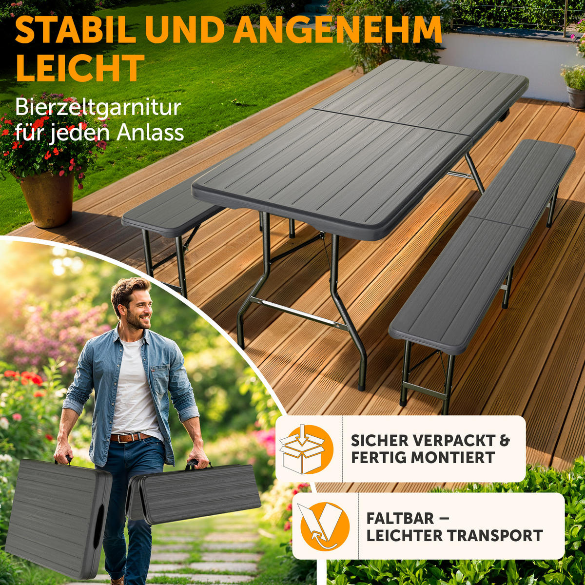 BIERZELTGARNITUR 3-teilig, 2x Bank & 1x Tisch in Schwarz mit Rattanmuster - Anthrazit, Kunststoff - Blumtal