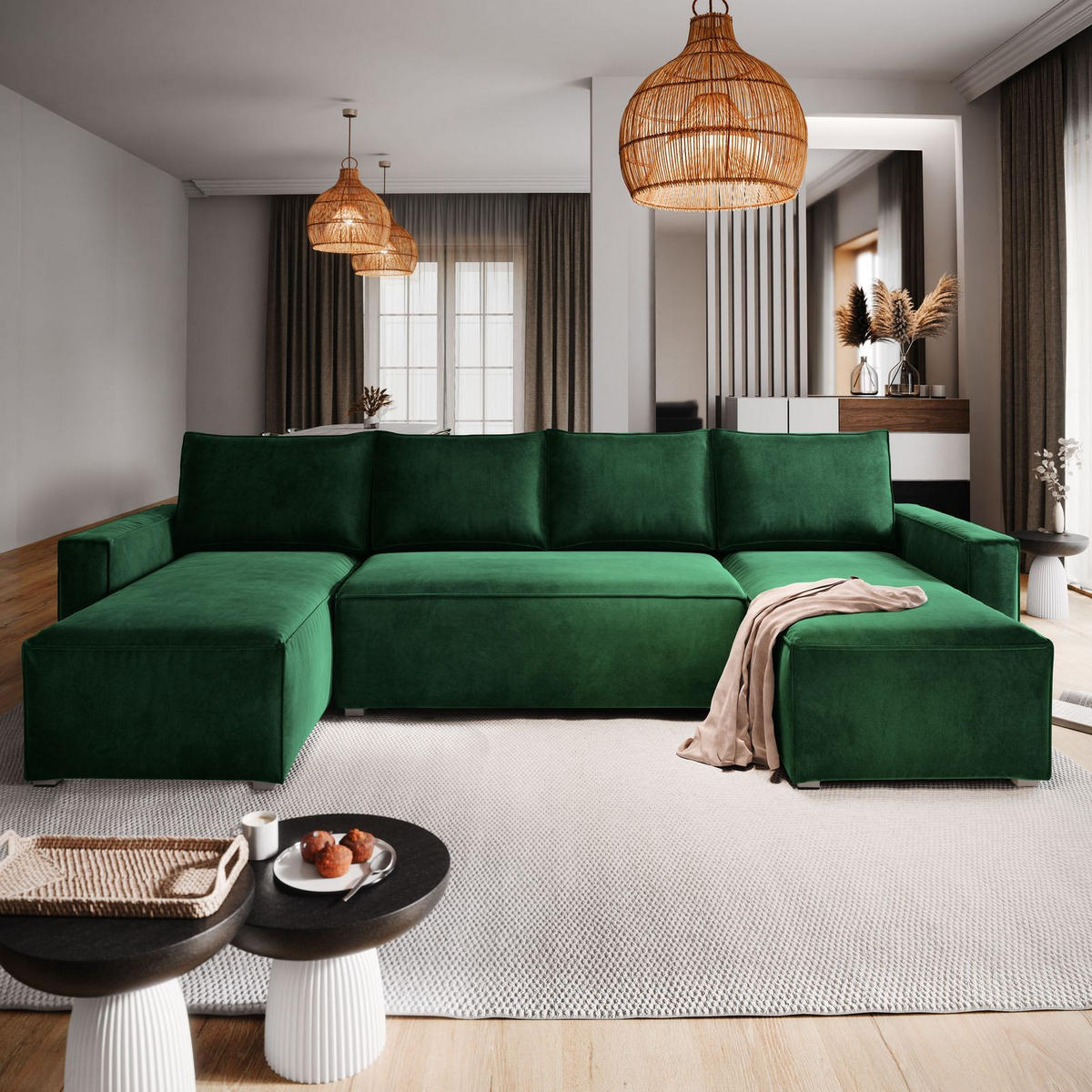 WOHNLANDSCHAFT DENI Grün Velours-Stoff mit Schlaffunktion - Grün, Holz (295/85/140cm) - MASSENO