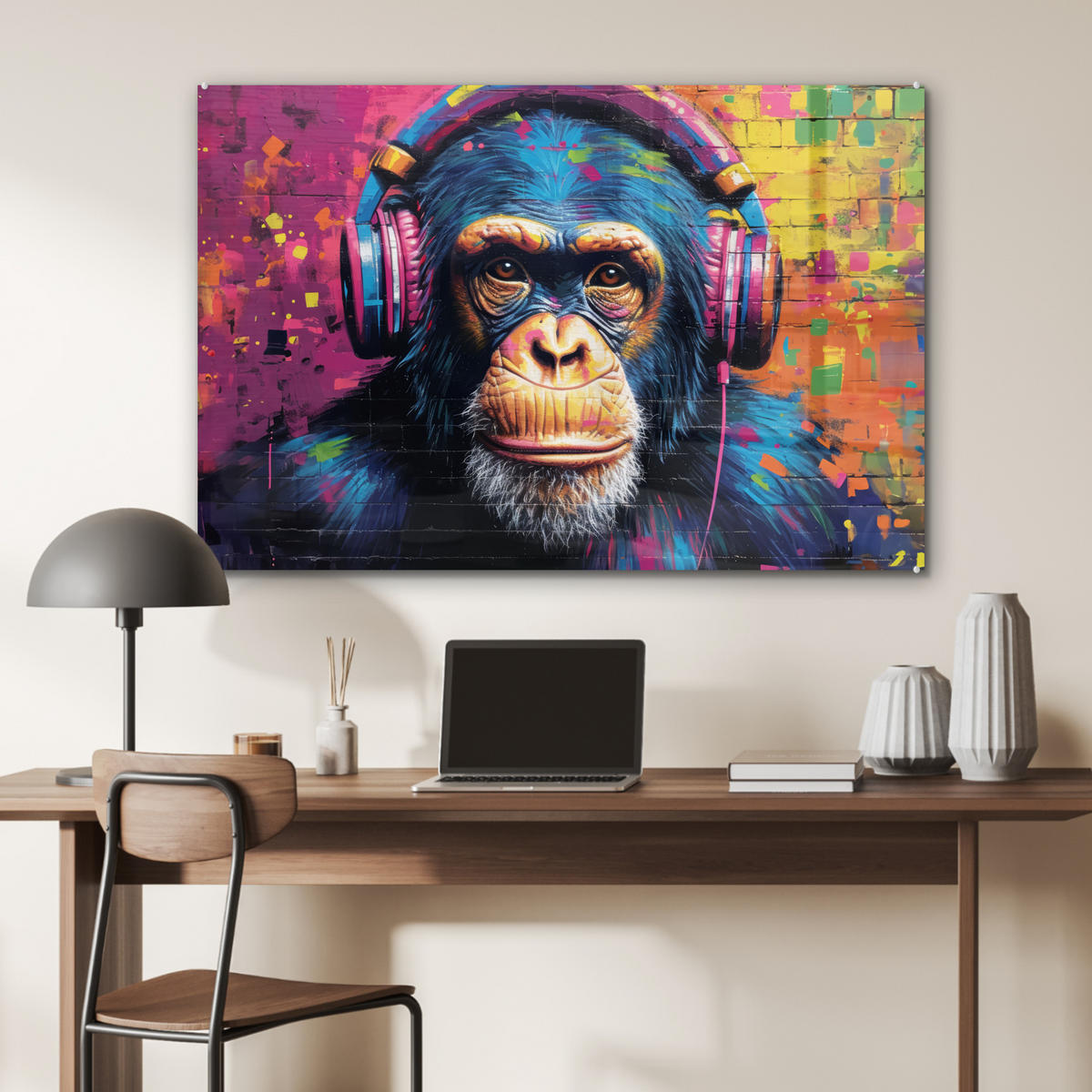 ACRYLGLASBILD Graffiti - Schimpanse - Straßenkunst - Kopfhörer - Affe 90x60 cm - Blau, Glas (90/60cm) - MuchoWow