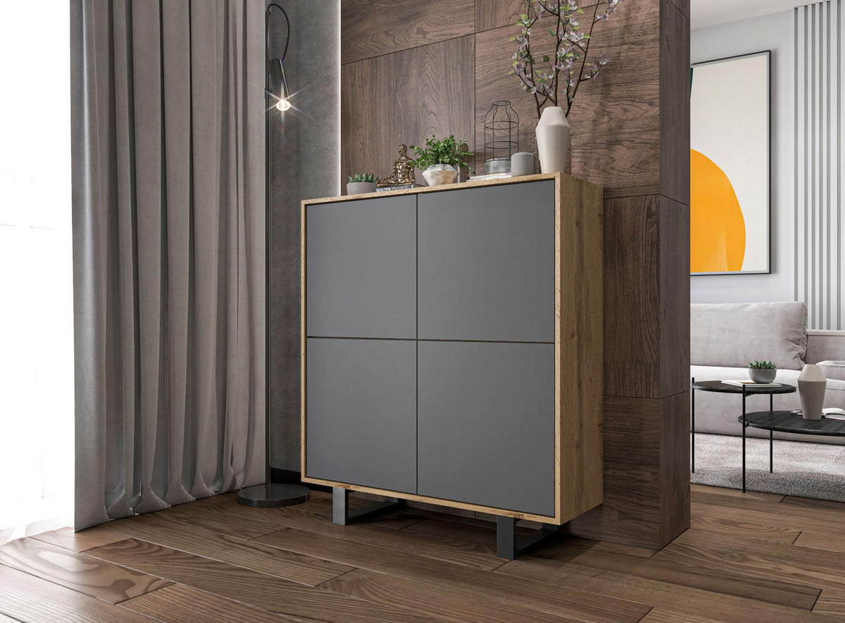 KOMMODE Apollo 4D Eiche wotan Graphit Matt 113/127/35 cm - Graphitfarben/Schwarz, Holzwerkstoff/Metall (113/127/35cm) - Meble Lindner