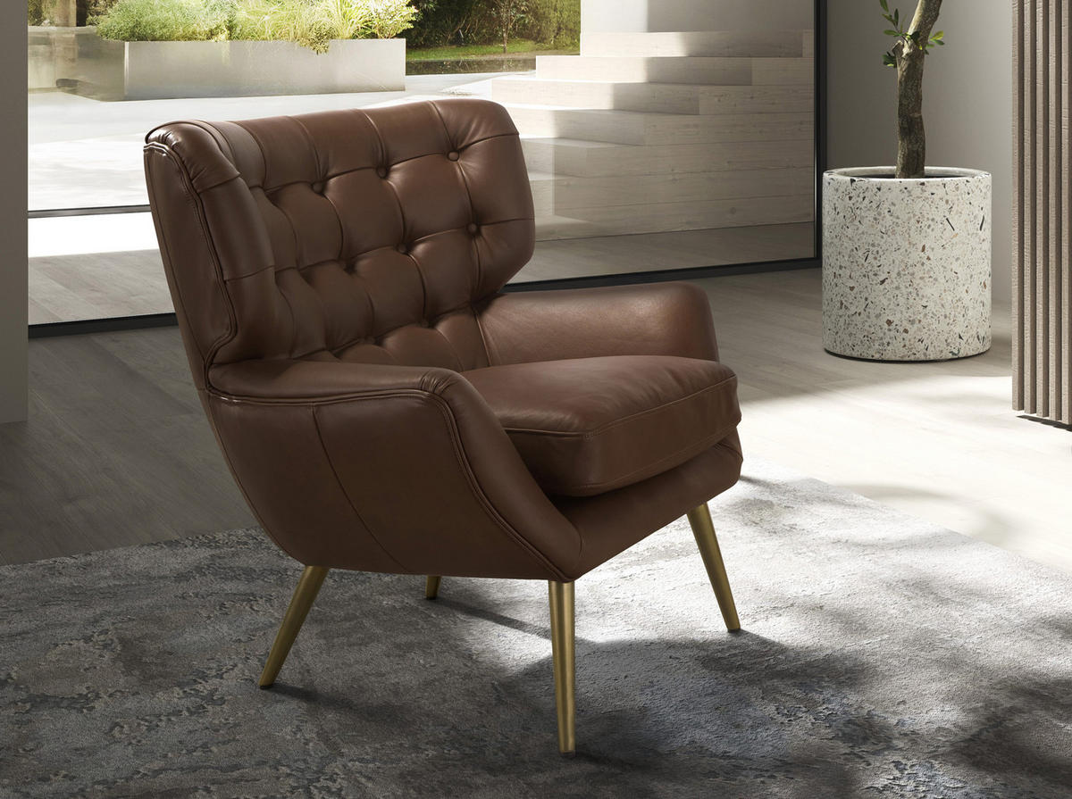 CHESTER-SESSEL dunkelbraunes Leder - Dunkelbraun/Goldfarben, Leder/Metall (85/85/84cm) - ANGEL CERDA