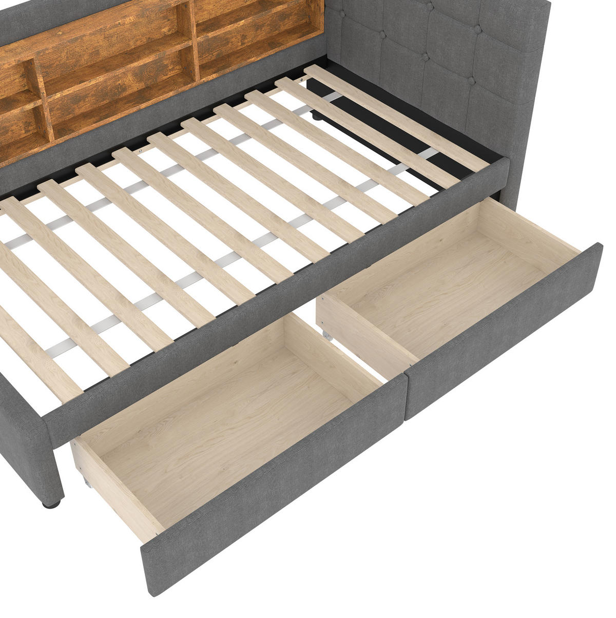 POLSTERBETT 90/200 cm grau aus Leinen mit 2 Schubladen und USB-Anschluss - Grau, Textil (90/200cm) - OKMYHOME