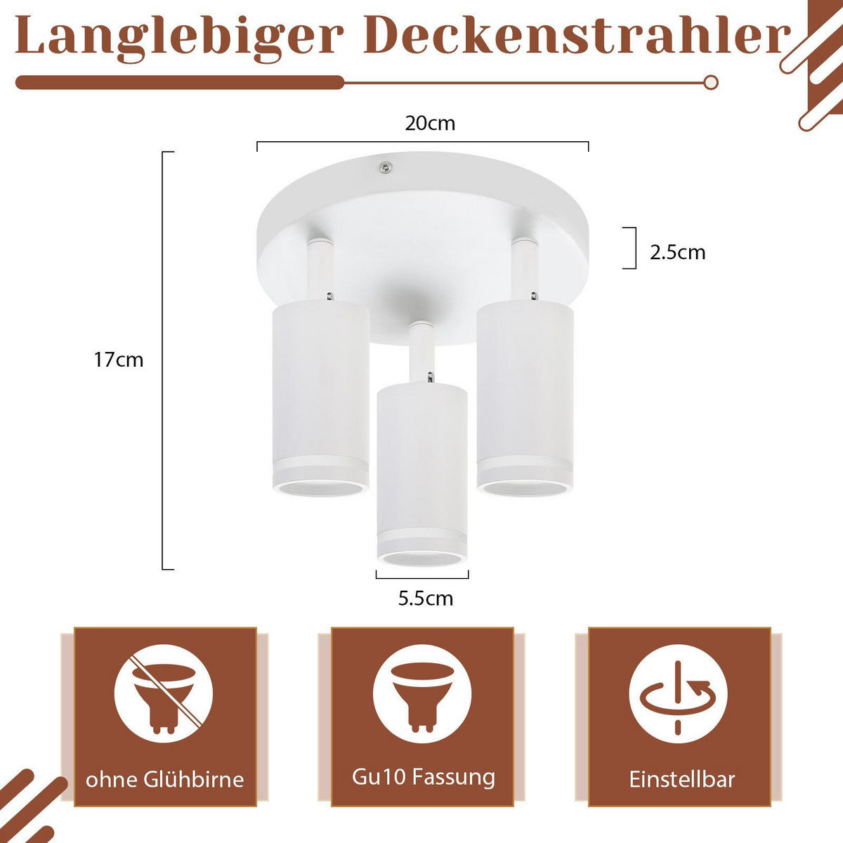 STRAHLER Hubert 3-flammig 20/20/17 cm - Weiß, Metall (20/20/17cm) - Nettlife
