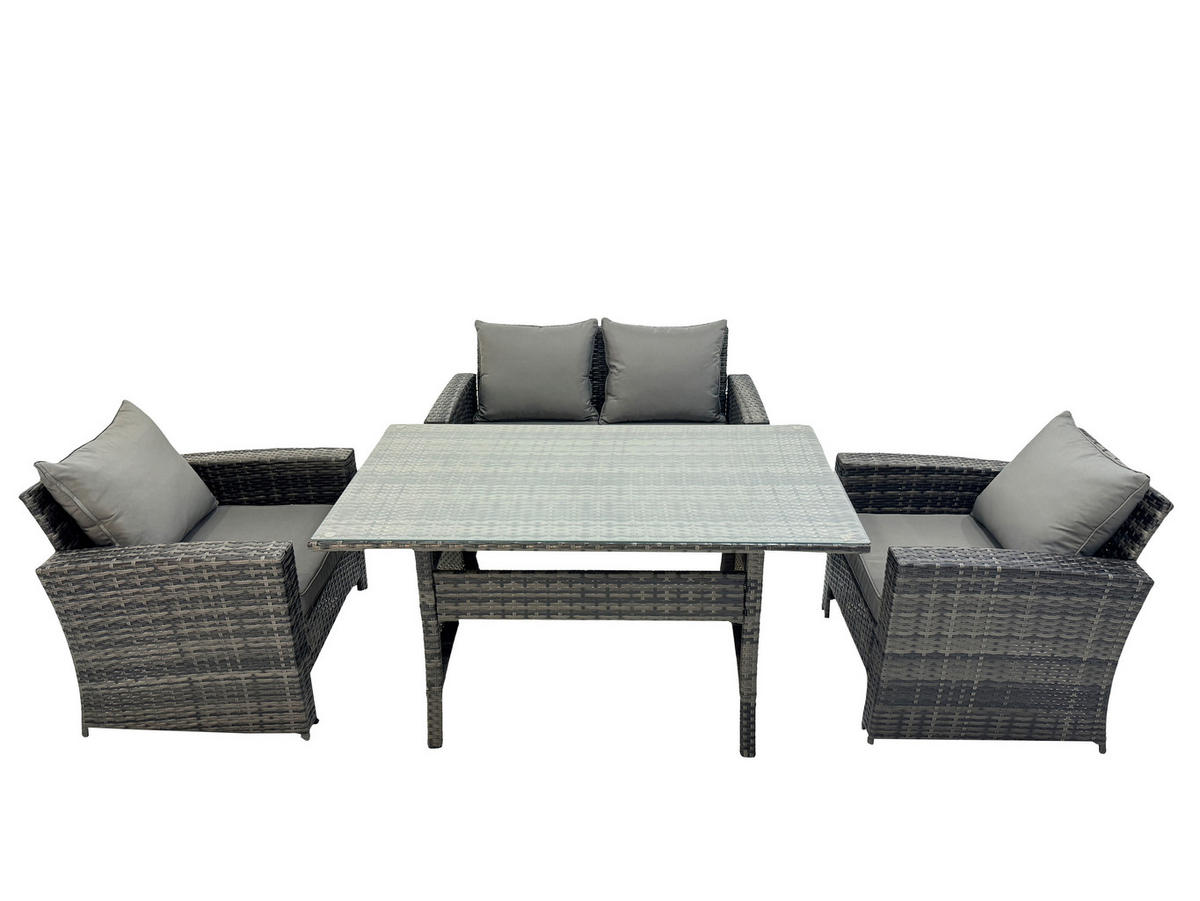 GARTENMÖBELSET mit 2 Sesseln,Zweisitzer,Esstisch Polyrattan Dunkelgrau 4-Sitzer - Dunkelgrau/Grau, Glas/Kunststoff - Fimous