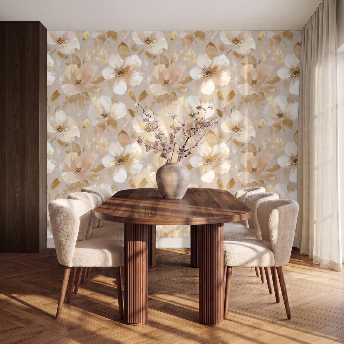TAPETE - Blumen - künstlerisch - Gold - 260x220 cm - Beige, Papier (260/220cm) - OnlyWow