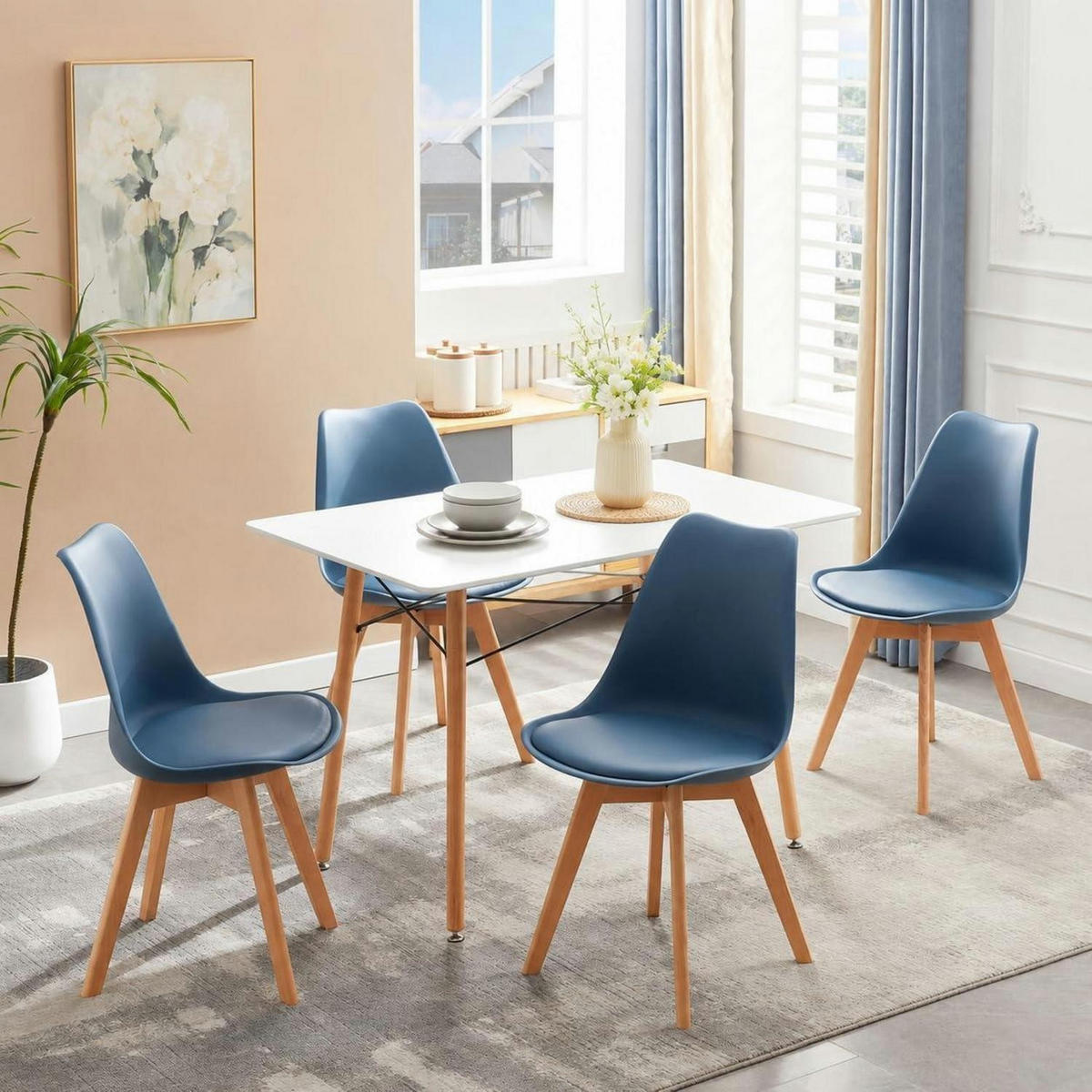 ESSZIMMERSTUHL 8er Set mit Massivholzbeinen und PU-Leder Dunkelblau - Blau, Kunststoff (47.5/82/41cm)