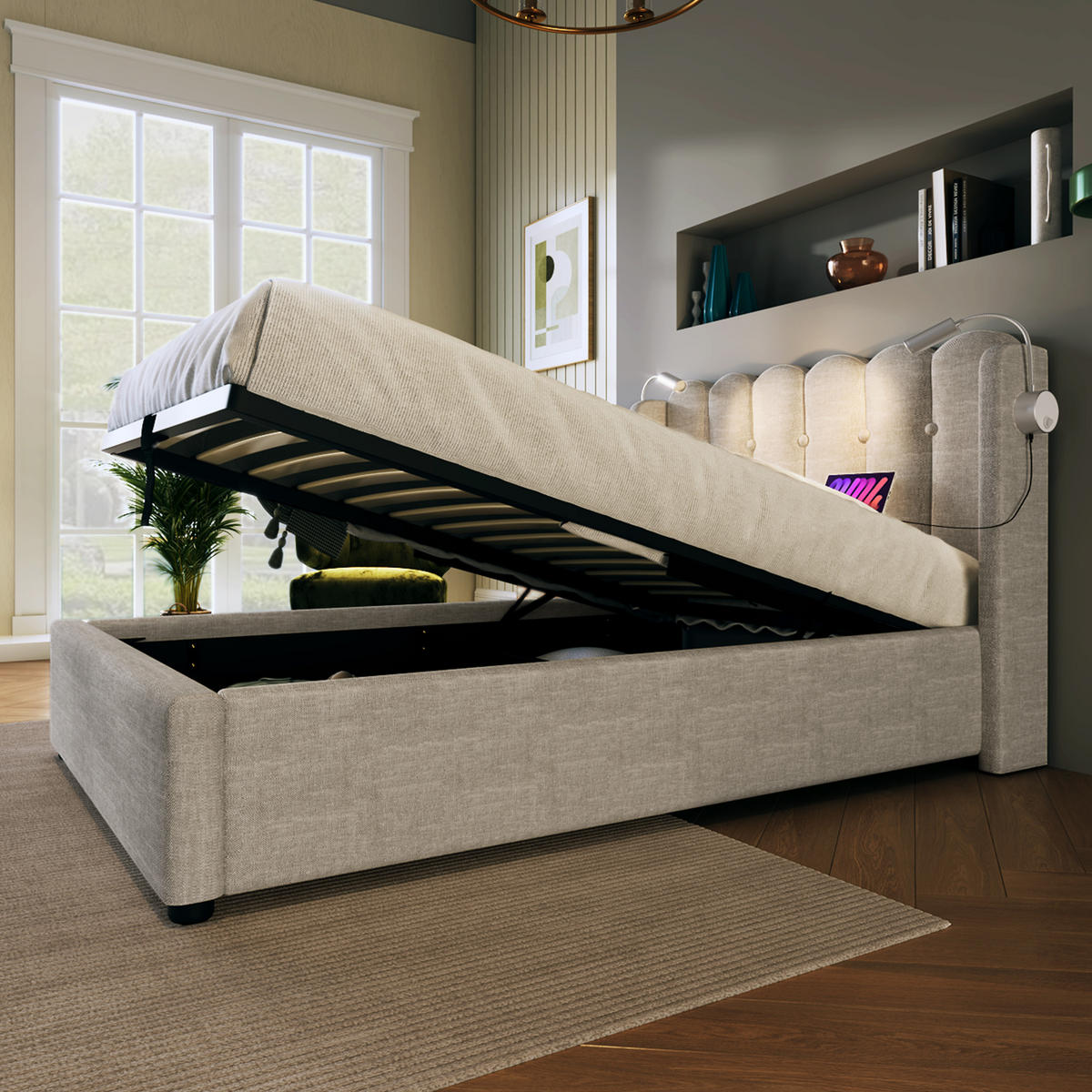 POLSTERBETT 90/200 cm Beige mit Leselicht und Ladefunktion Mit Matratze - Beige, Textil (90/200cm) - OKWISH