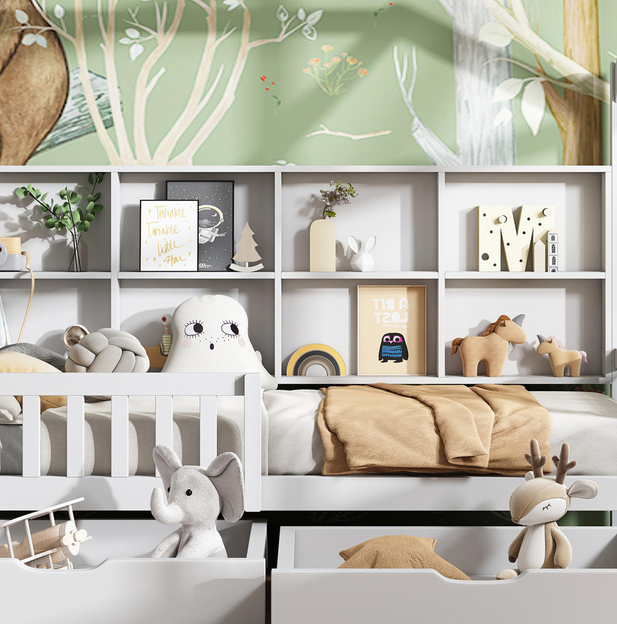 HAUSBETT 90/200 cm in Weiß – aus Kiefer massiv mit Stauraum und Regal - Weiß, Holz (90/200cm) - BEAOK