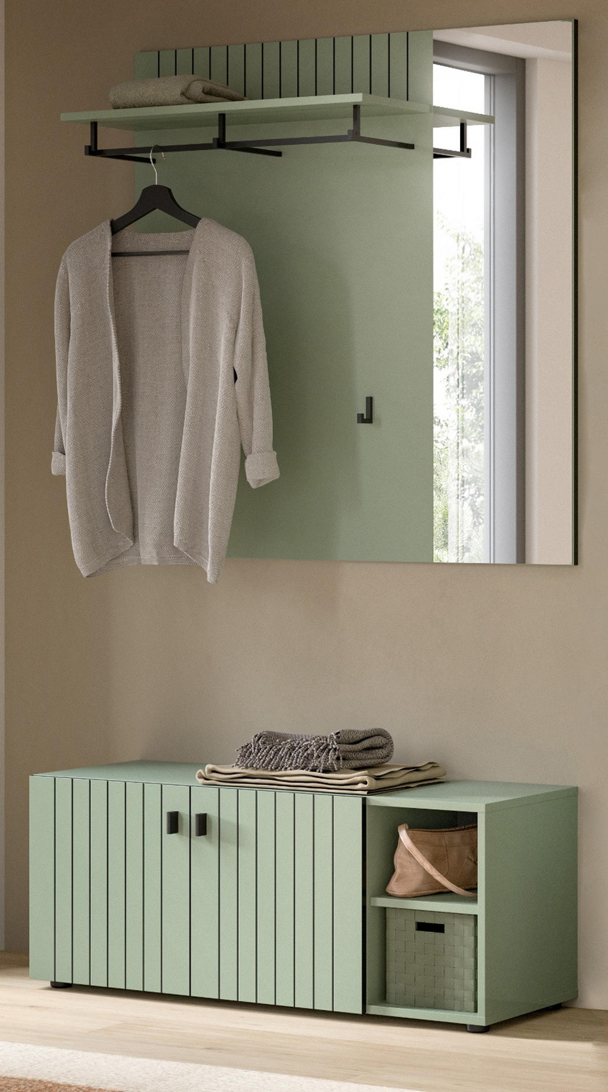 GARDEROBE-SET grün 2-teilig 106 cm, Garderobenkombination mit Rillen-Optik - Schwarz/Grün, Glas/Holzwerkstoff (106/192/37cm) - Inn.Furn