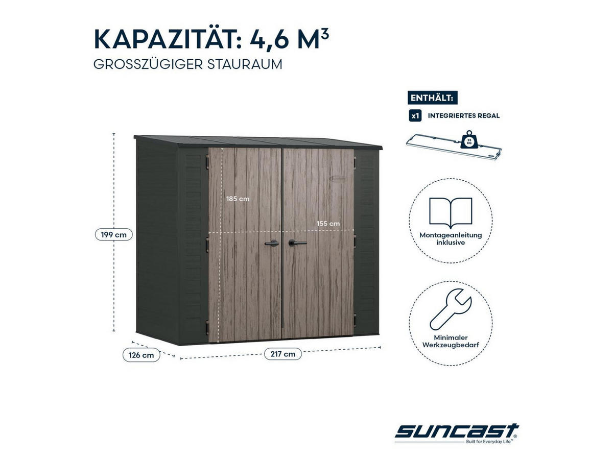 GERÄTESCHRANK 215 x 123 x 199 cm mit Doppeltür in Holzoptik, 4,6 m³ Stauraum, durchgehendes Wandregal, anthrazit - Braun, Kunststoff (132/29/220cm) - Suncast