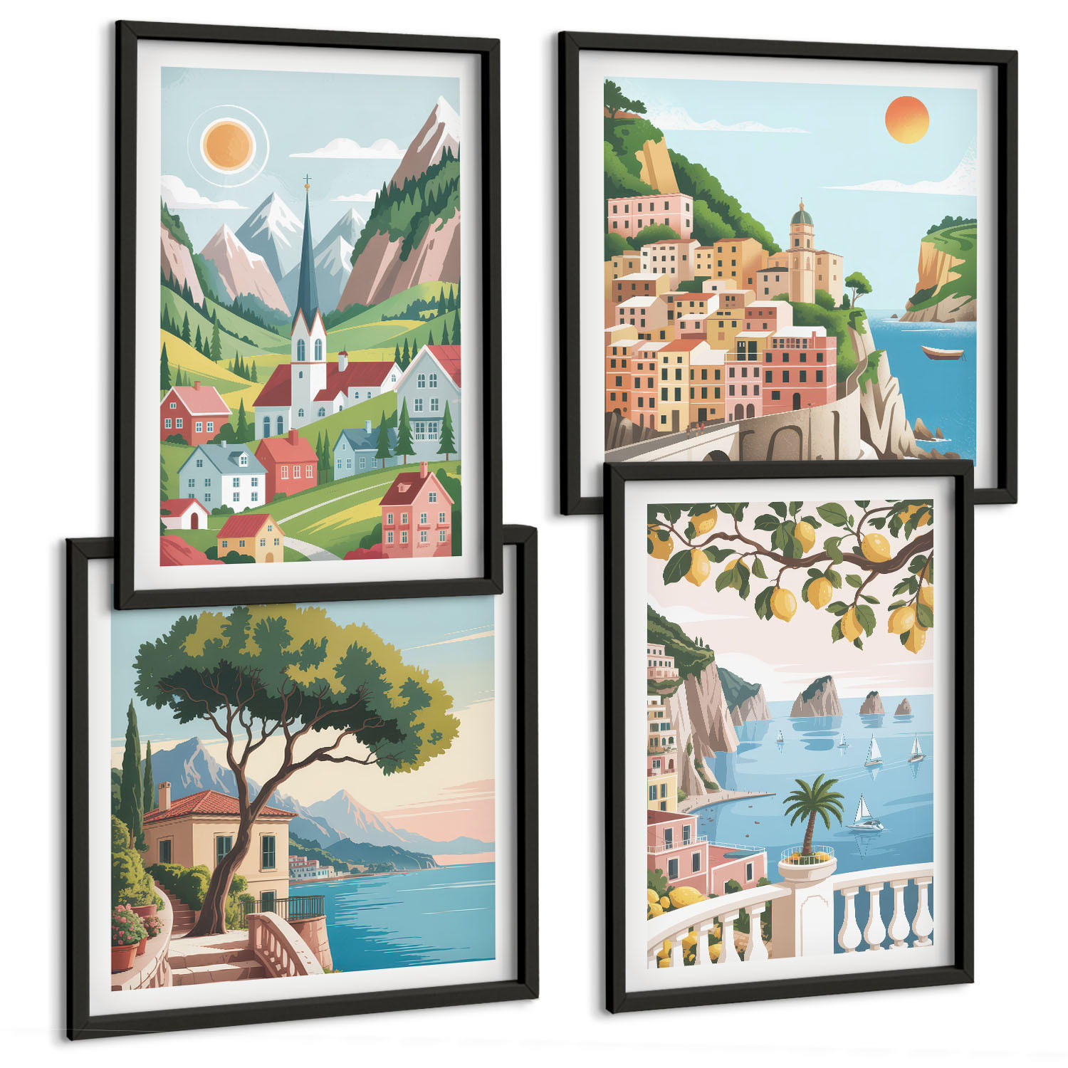 BILDER SET 4er Set - 50x50 cm & 40x60 cm Schwarzer Rahmen - Meereslandschaften, Zitrusfrüchte - Schwarz, Kunststoff (50/50cm) - TULUP
