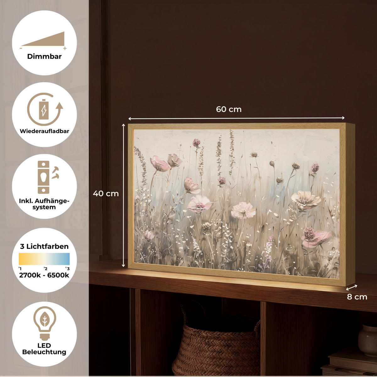 NÁSTĚNNÁ LAMPA S AKUMULÁTOREM Květiny - růžová - moderní - béžová 60x40 cm - starorůžová, kompozitní dřevo (60/40/8cm) - OnlyWow