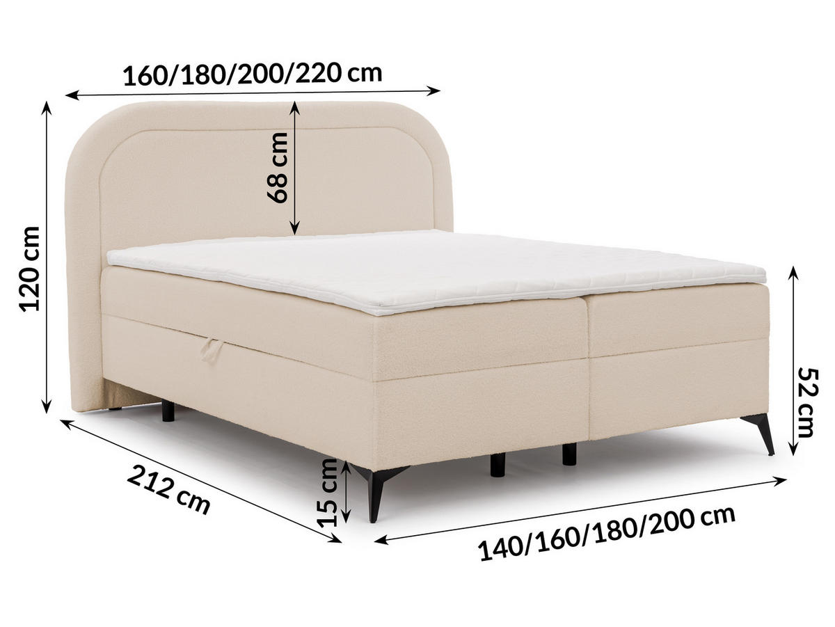 BOXBETT Sonna 160/200 cm Hellbeige Bouclé-Stoff mit abgerundetem Kopfteil und mit schwarzen Metallfüße - Beige/Schwarz, Holz/Textil (160/200cm) - S-Style Möbel