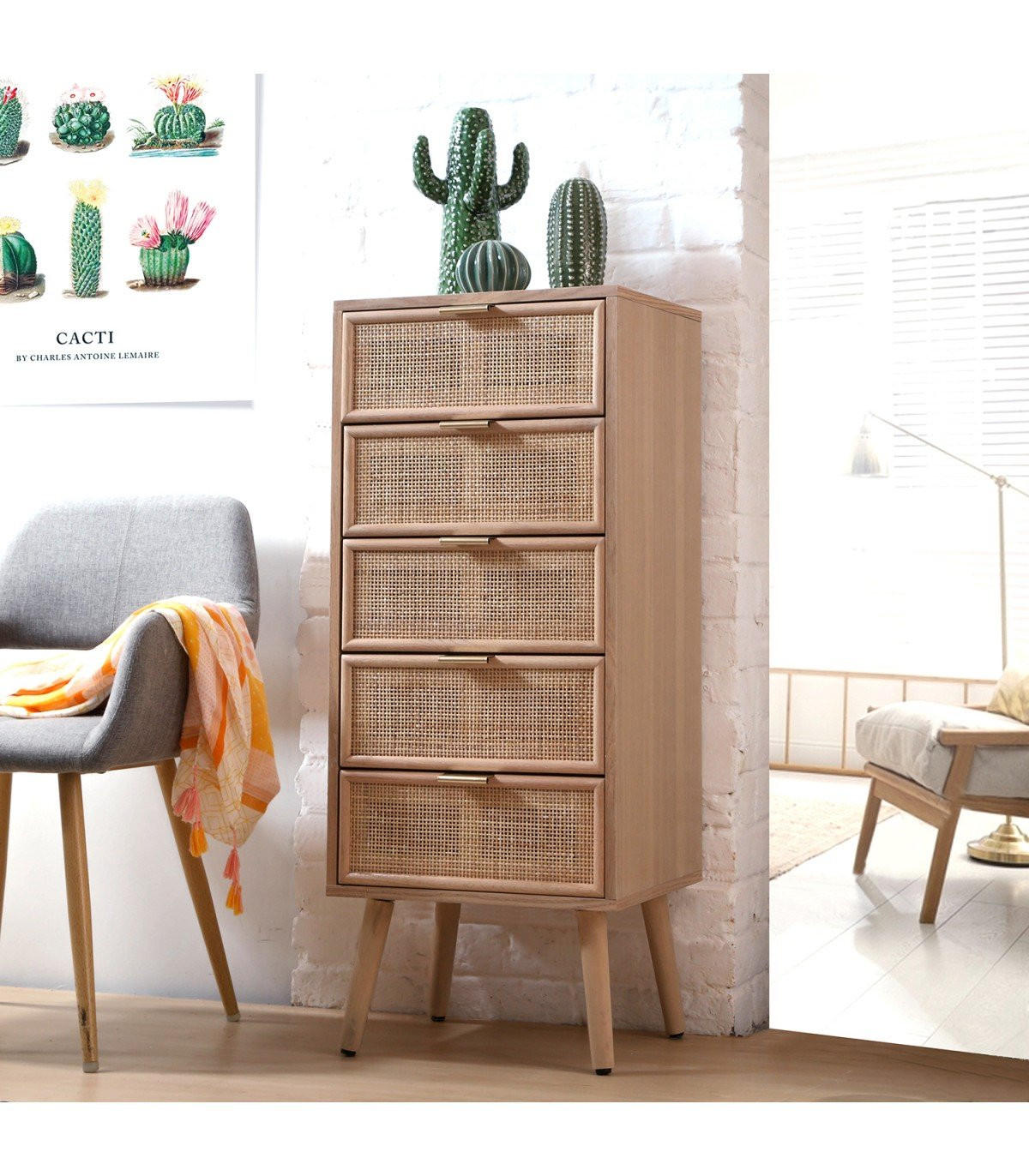 KOMMODE mit 5 Schubladen und Fronten aus natürlichem Rattan - H100,5 cm - Apfelbaumfarben, Holzwerkstoff (42/100.5/36.5cm) - Calicosy
