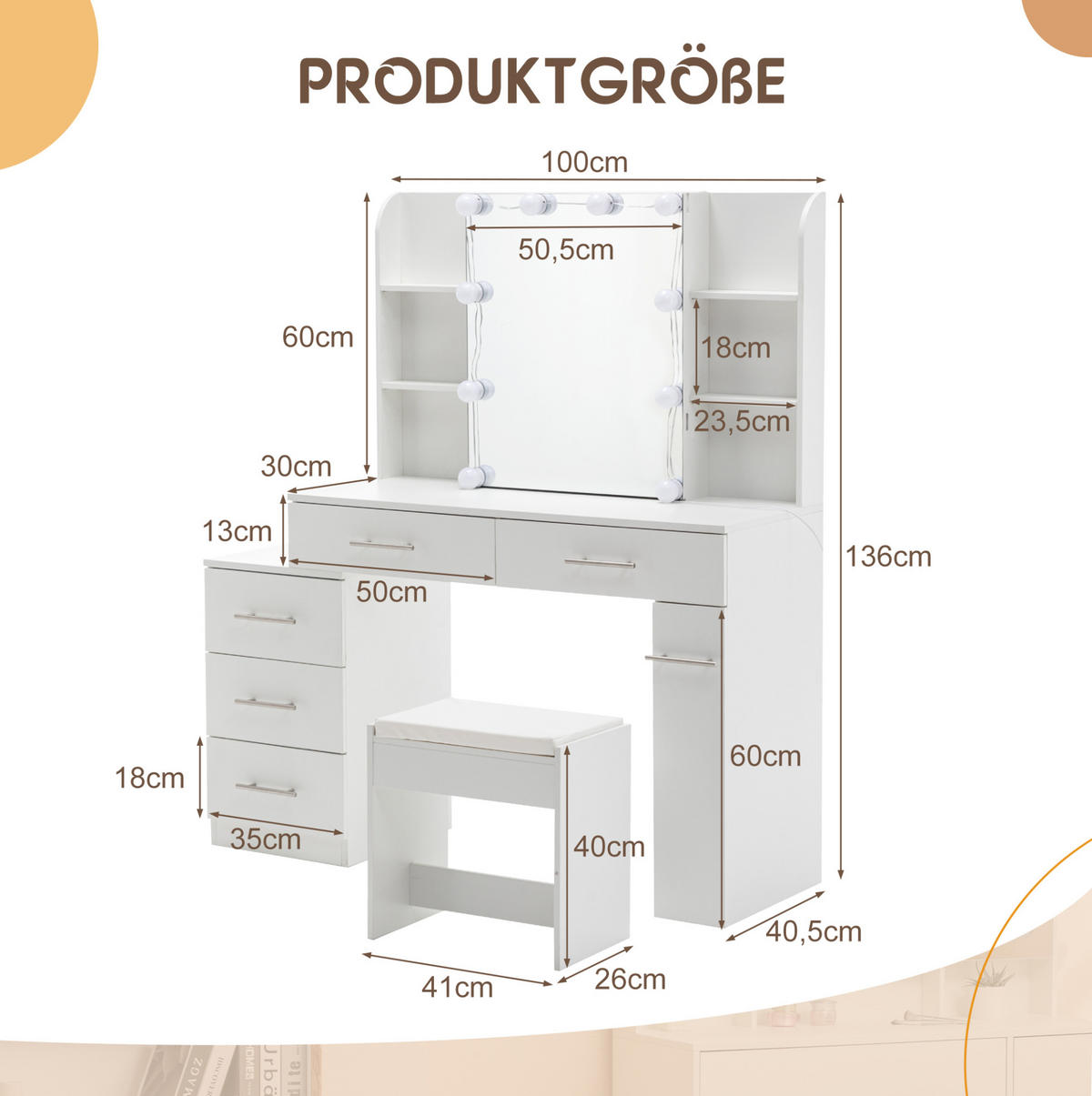 SCHMINKTISCH aus MDF 100x40x136 cm Weiß mit Schiebespiegel, verstecktem Stauraum, LED-Beleuchtung, Kommode, Eckregalen und Hocker - Weiß, Holzwerkstoff (100/136/40.5cm) - Modfu