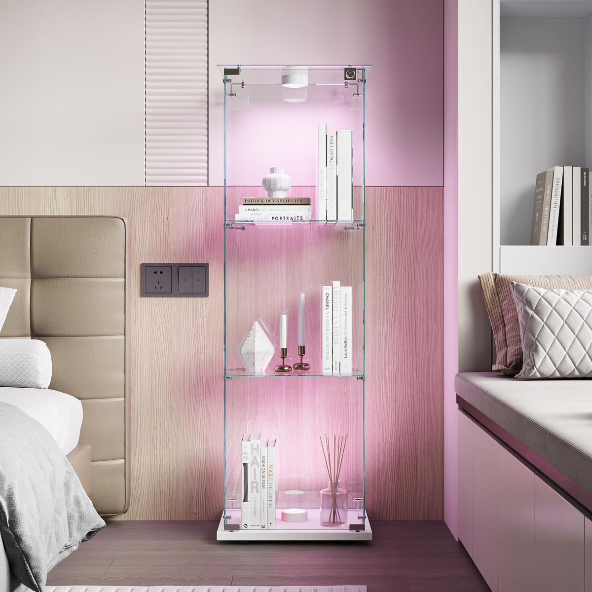 GLASVITRINE Mit LED, 3 Regale, Schloss, Glas-Schrank Für Wohnzimmer - Weiß, Holz (35/123.3/39.8cm)