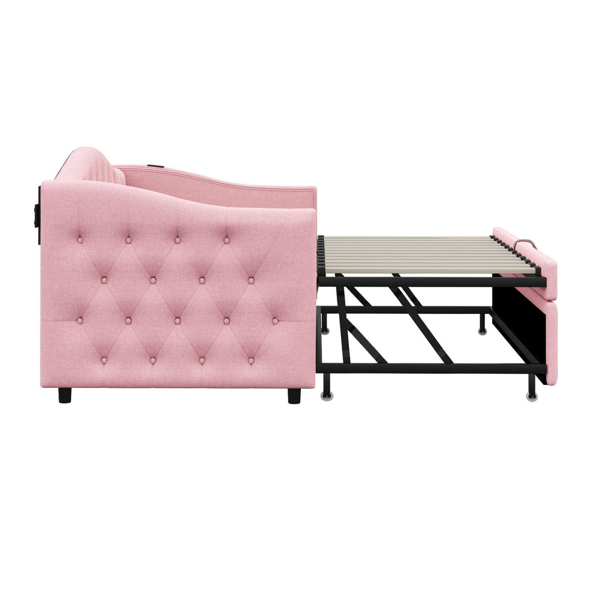 ROZKLÁDACÍ pohovka 90/200 cm růžová z lněné tkaniny s USB a lamelovým roštem - růžová, textil (90/200cm) - OKWISH