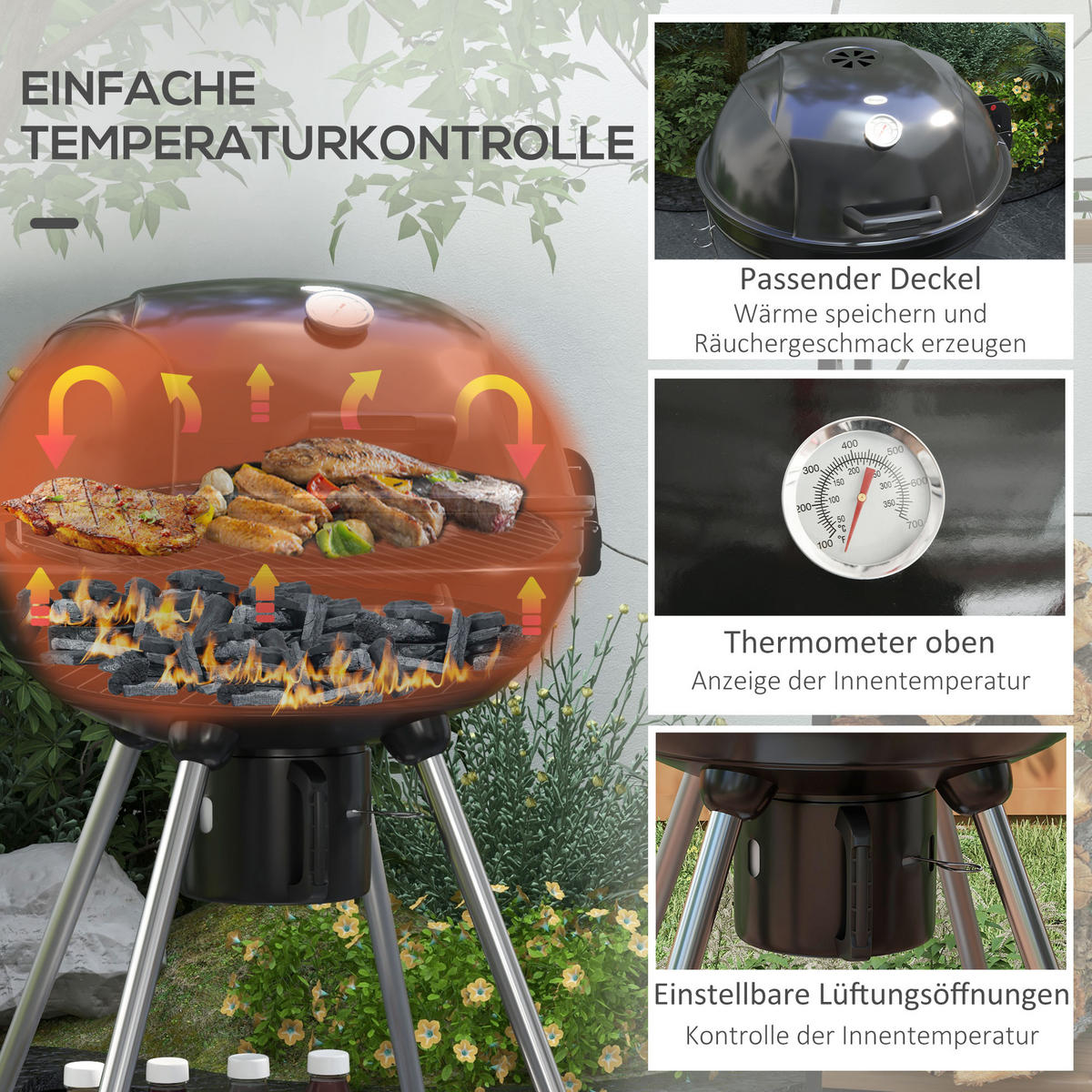 KUGELGRILL - Schwarz, Metall (55/89/65cm) - Outsunny