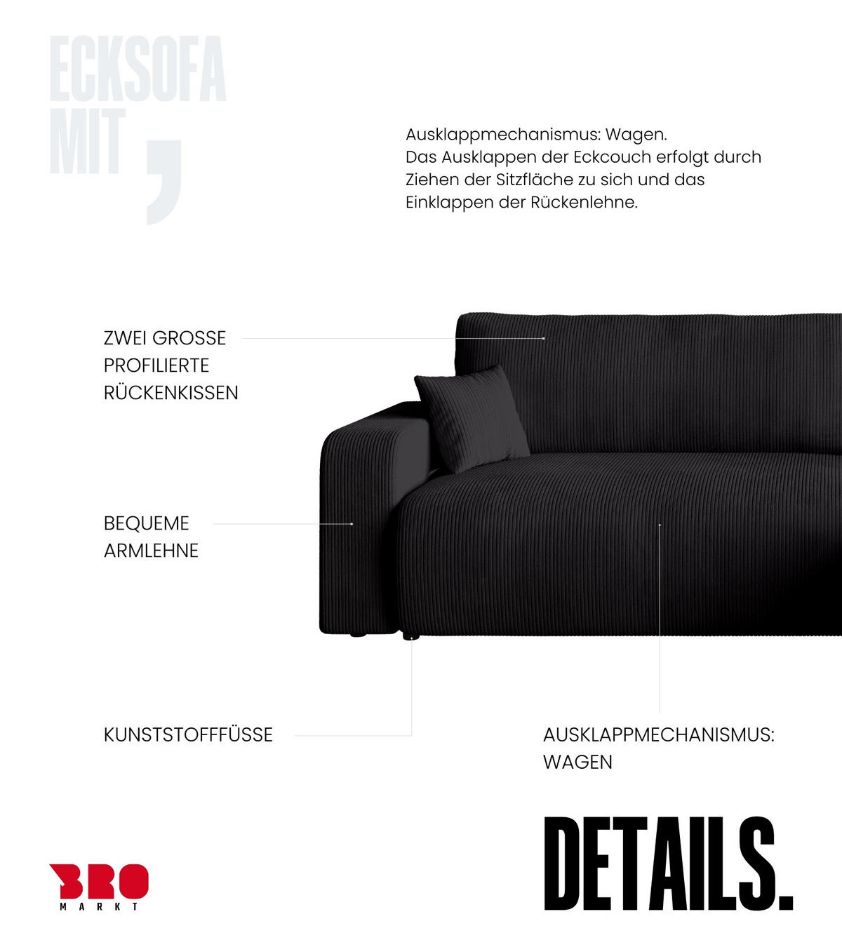 ECKSOFA PUMI XL mit Schlaffunktion Schwarz Cord - Schwarz, Textil (274/148cm) - Bromarkt